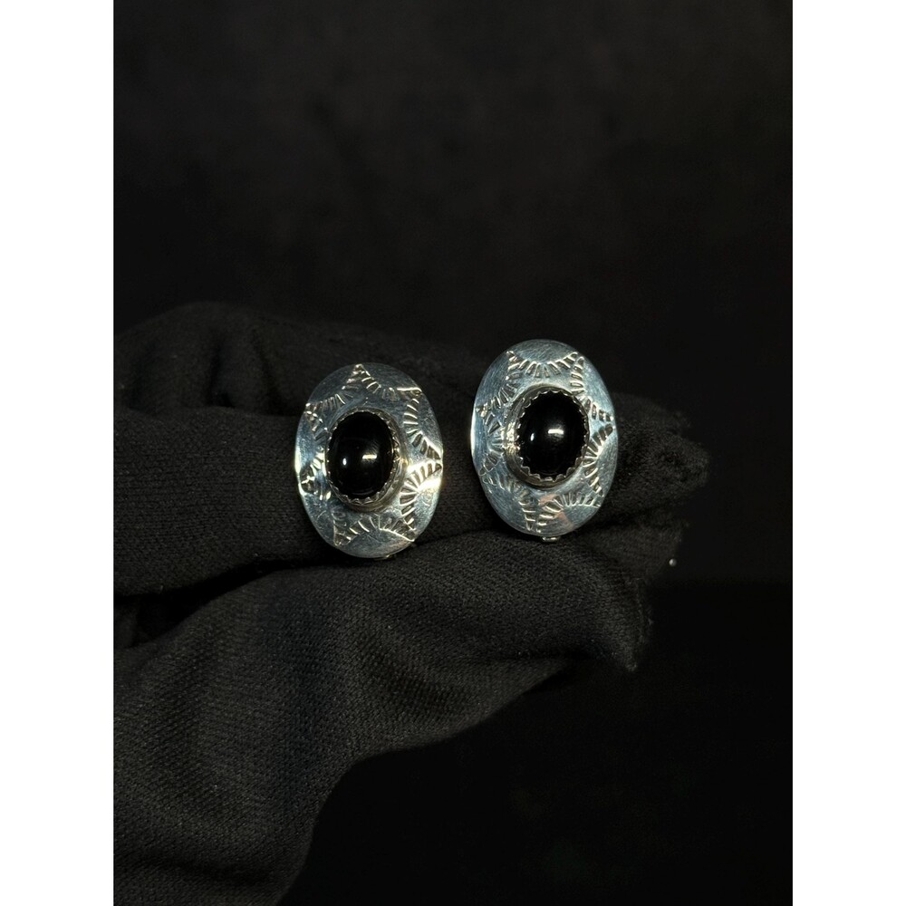Mel Benally Navajo Sterling Silver Black Onyx Clip Earrings
